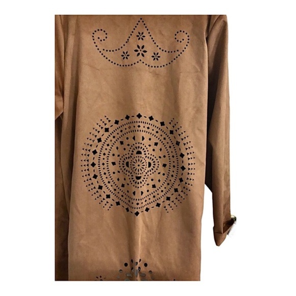 Brown boho laser cut faux suede overcoat topper jacket‎ size large new - Picture 6 of 17